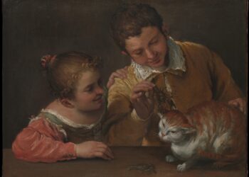 Two Children Teasing a Cat