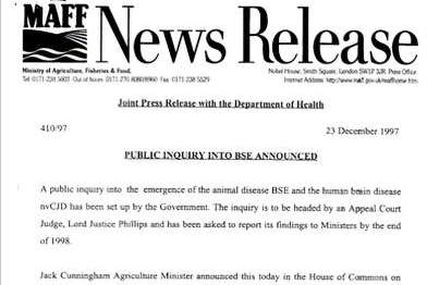 Typed press release with the heading 'Public Inquiry to BSE Announced'.