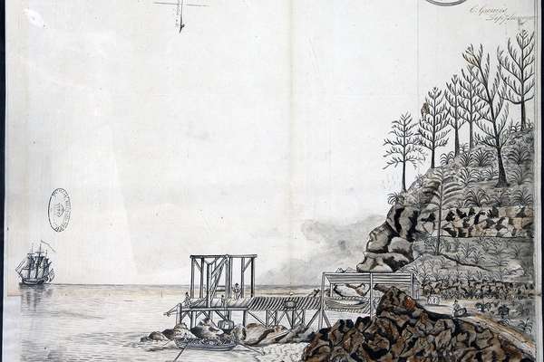 A map of a section of coast above a drawing of a jetty beside rocks and trees.