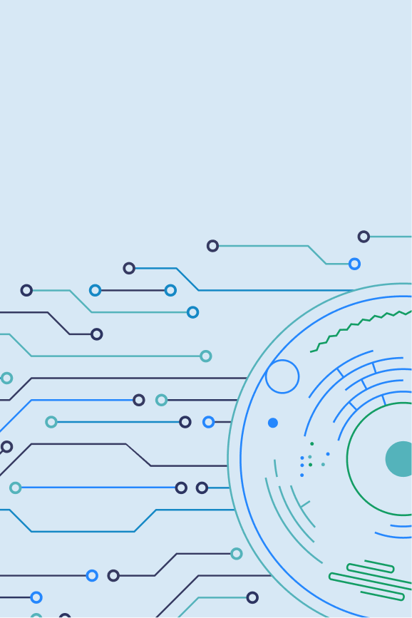 Abstract illustration representing a platform to centralize access to biologically relevant cell models and datasets, featuring interconnected circuits and circular patterns.