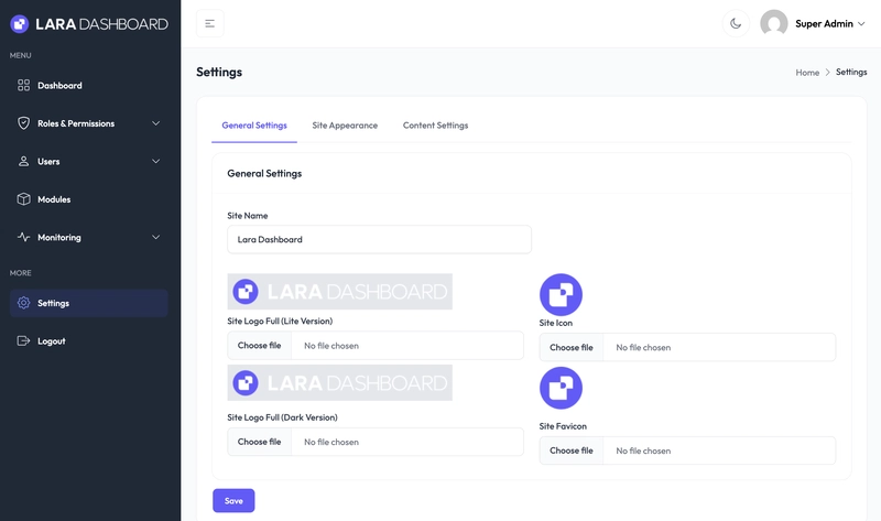 Settings - Lara Dashboard